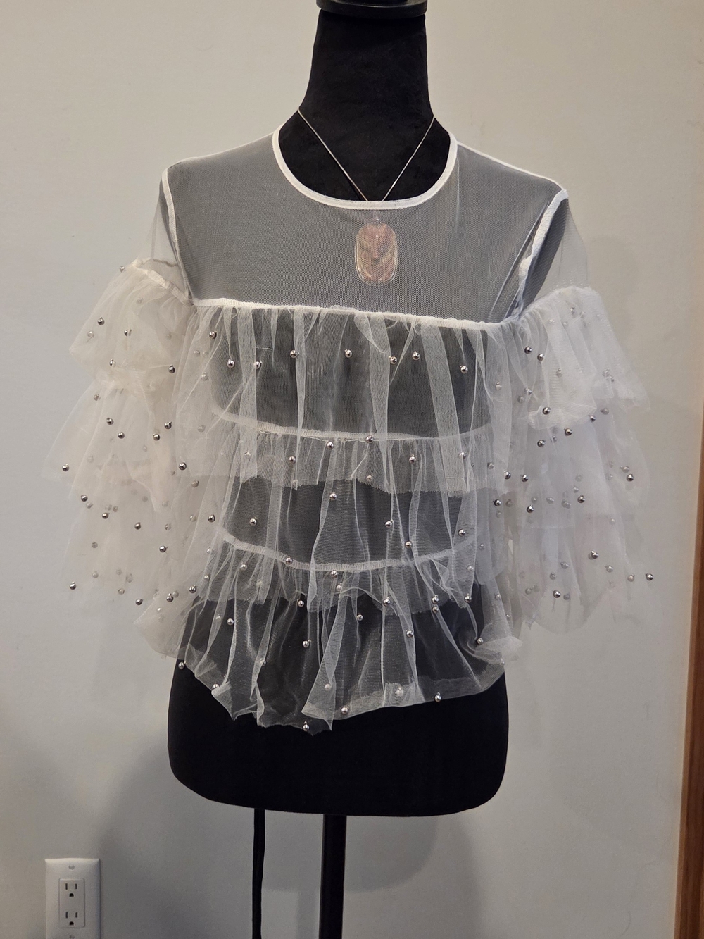 Pearl-Embellished White Sheer Ruffle Blouse